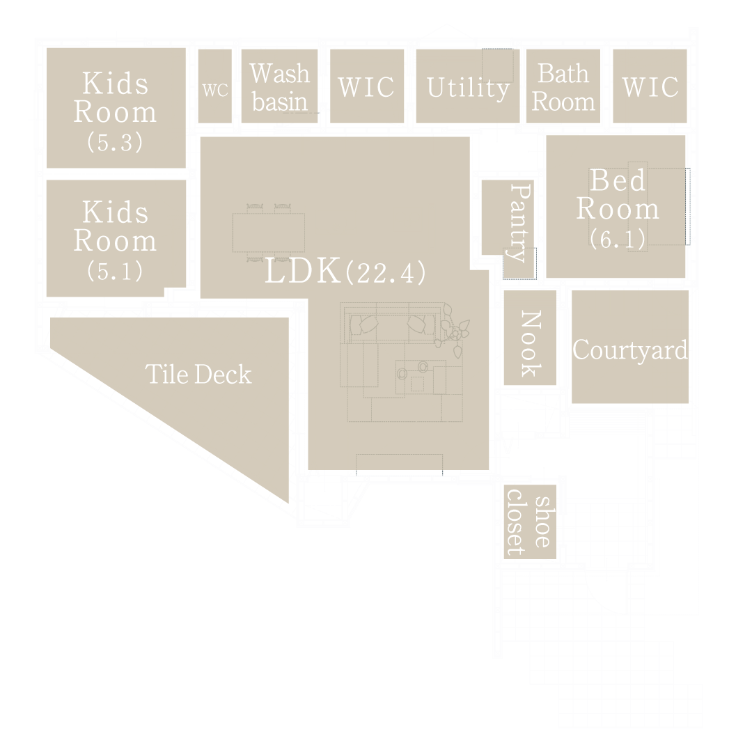平屋3LDKの間取り図。LDK22.4帖、Bed Room6.1帖、Kids Room5.3帖・5.1帖、Wash basin、WIC2か所、Utility、Bath Room、Pantry、Nook、Tile Deck、Courtyard