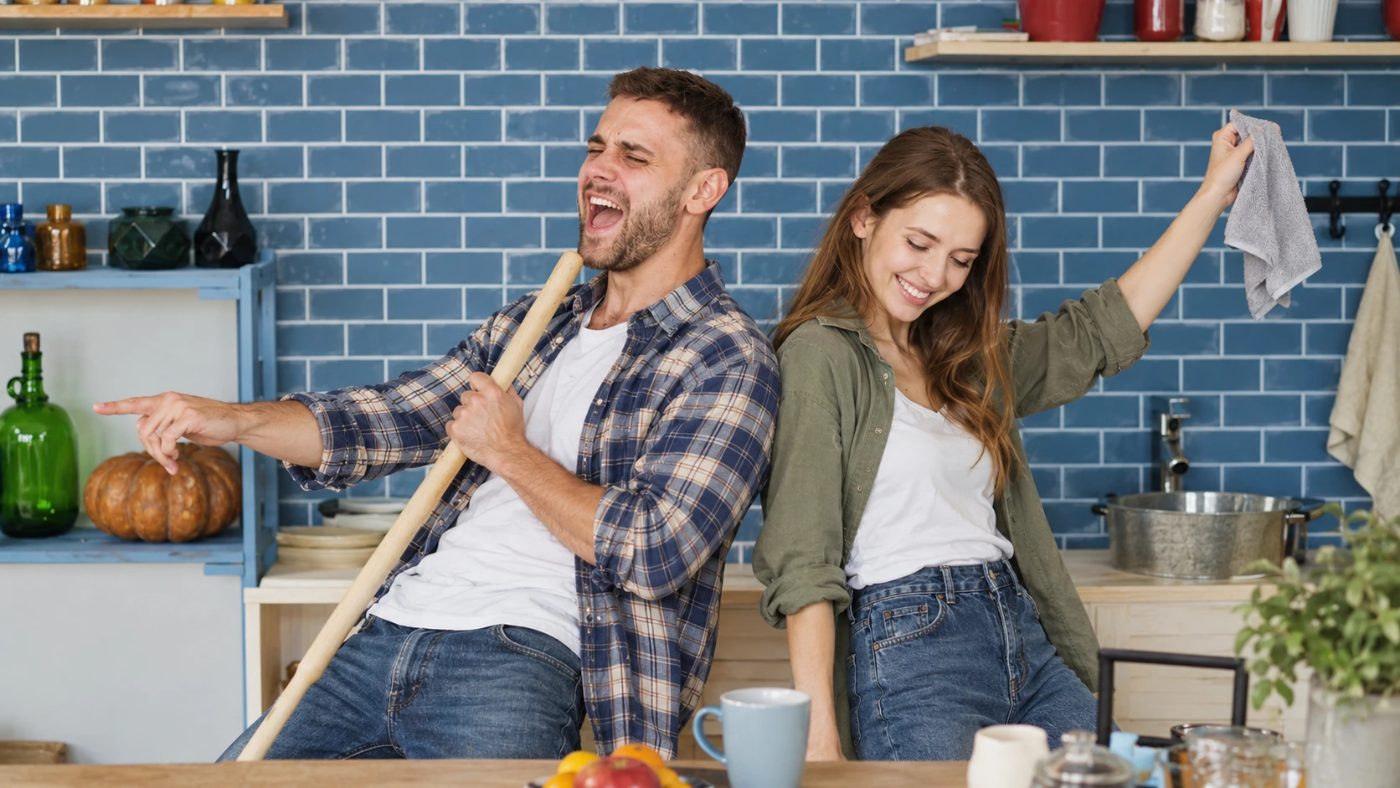 楽しそうに家事をする夫婦